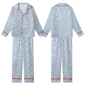 Women's Artisan Cotton Loungewear: Hand Block Print Blue Floral Indian Motif Set Kid Satin Pajamas Set