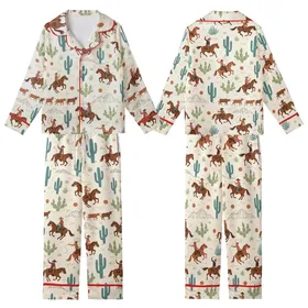 Western Enthusiasts' Rustic Vintage Desert Pattern with Saddle Brown Cowboys Teal Cacti Burnt Orange Suns Kid Satin Pajamas Set