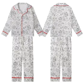 Breakfast Lovers' Whimsical Black Outline Coloring Book Doodle Breakfast & Birthday Party Pattern Kid Satin Pajamas Set