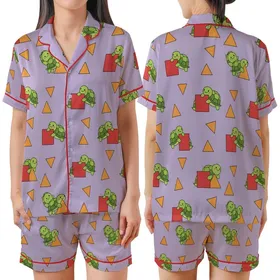 Whimsical Style Lovers' Lavender Purple Cartoon Turtle Geometric Pattern with Lime Green Turtles & Red Squares Orange Triangles Satin Short-Sleeve Pajamas Set