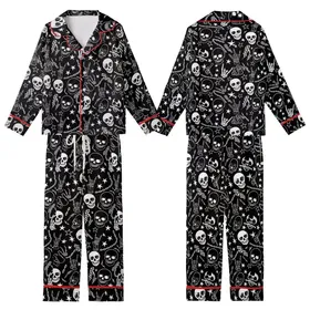 Alt Style Enthusiasts' Black White Illustrative Skull Skeleton Hands Rock Gesture Grunge Pattern Kid Satin Pajamas Set