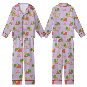 Whimsical Style Lovers' Lavender Purple Cartoon Turtle Geometric Pattern with Lime Green Turtles & Red Squares Orange Triangles Kid Satin Pajamas Set
