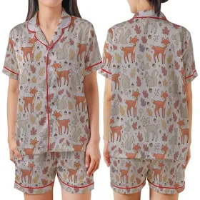 Whimsical Style Adorers' Cute Autumn Woodland Animals Flat Graphic on Pale Lavender-Grey with Terracotta Ochre Dusty Rose Leaves Satin Short-Sleeve Pajamas Set