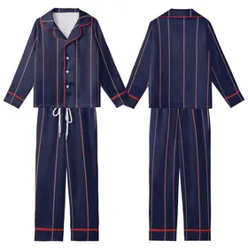 Modern Aesthetic Lover's Geometric Deep Navy Wide Vertical Stripes with Red-Maroon White Pinstripes Kid Satin Pajamas Set