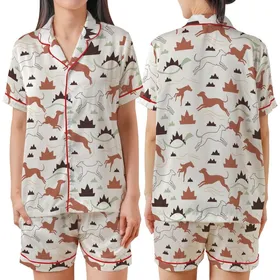 Dog Lovers' Whimsical Whippet Geometric Dino Spike Muted Red-Brown Espresso Pattern Satin Short-Sleeve Pajamas Set