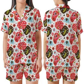 Whimsical Style Lovers' Playful Doodle Elephants, Polka Dot Mushrooms, Flowers Pattern: Red, Brown, Sky Blue, Pink Satin Short-Sleeve Pajamas Set