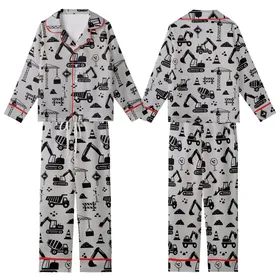 Construction Lover: Dynamic Black Heavy Machinery Pattern - Light Grey Flat Design Motif Kid Satin Pajamas Set