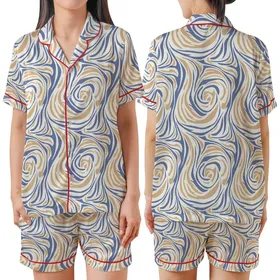 Modern Explorer: Tranquil Abstract Fluid Lines Pattern – Dusty Indigo Beige Wearable Art Print Satin Short-Sleeve Pajamas Set