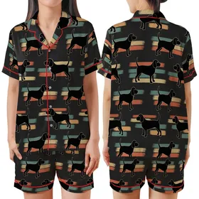 Beagle Lover Pajamas: 'Less People More Beagles' Distressed Retro Black Dog Sleep Top Satin Short-Sleeve Pajamas Set