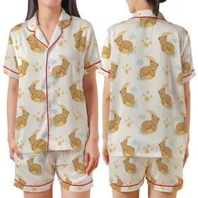 Cozy Dreamers' Creamy Golden Tan Sleeping Teddy Bear Crescent Moon Star Pattern Satin Short-Sleeve Pajamas Set