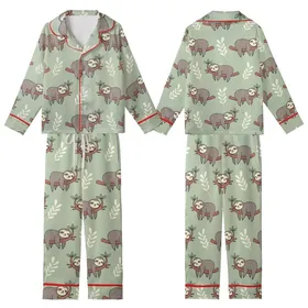 Adult Personalized Sloth Pajama: Funny Cartoon Sage Green Leaf Print Loungewear Kid Satin Pajamas Set