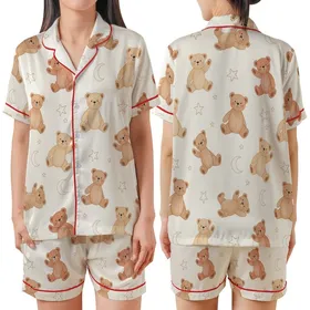 Women's Muslin Crinkle Cotton Sleep Set: Hand-Drawn Teddy Bears, Stars & Moons Satin Short-Sleeve Pajamas Set