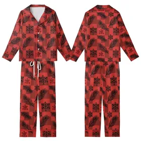 Rustic Lodge Enthusiasts' Bold Red Black Buffalo Plaid Pine Branch Berry Snowflake Flat Graphic Kid Satin Pajamas Set