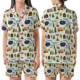 Outdoor Enthusiasts' Whimsical Forest Camping Pattern: Green Pines, Cabins, Campfires, RVs & Mountains on Creamy Off-White Satin Short-Sleeve Pajamas Set