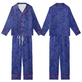 Ladies' Royal Blue Velvet Pajamas: Cobalt Organic Flowing Pattern Long Jacket Set Kid Satin Pajamas Set