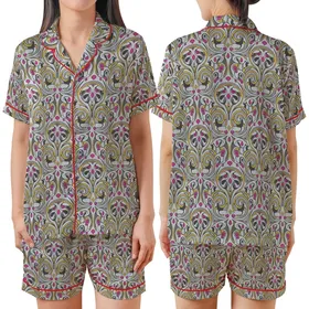 Artful Design Enthusiasts' Art Nouveau Stylized Vine Curvilinear Pattern Grey Mustard Fuchsia Satin Short-Sleeve Pajamas Set