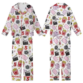 Girls Movie Night Pajamas: Popcorn & PJs Birthday Slumber Set Kid Satin Pajamas Set