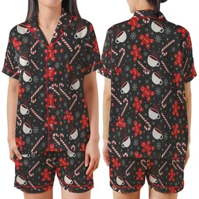 Festive Spirit: Scattered Candy Cane Gingerbread Mug Snowflake Pattern - Flat Graphic Print Satin Short-Sleeve Pajamas Set