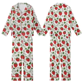Women's Indian Handmade Strawberry Blossom Print Pure Cotton Night Suit Kid Satin Pajamas Set