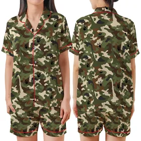 Vizsla Pet Owners: Woodland Dinosaur Camo Sleepwear Satin Short-Sleeve Pajamas Set