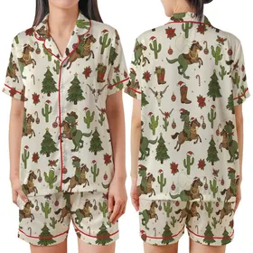 Dinosaur Lover: Playful Cowboy T-Rex Christmas - Cactus, Poinsettia & Candy Cane Pattern Satin Short-Sleeve Pajamas Set