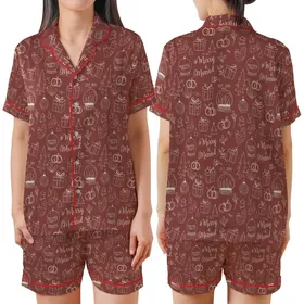 Newlyweds' Whimsical Hand-Drawn Merry & Married Christmas & Wedding Pattern on Muted Brick Red Satin Short-Sleeve Pajamas Set