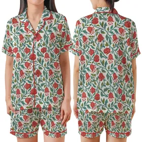 Women's Hand Block Printed Coral Red Bellflower Teal Leaf Pure Cotton Sleepwear Set Satin Short-Sleeve Pajamas Set