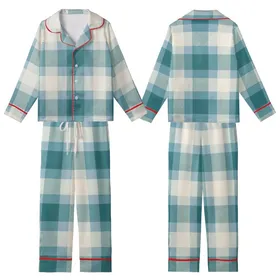 Cozy Style Enthusiasts Muted Sky Blue Buffalo Check and Gingham Plaid Pattern with Teal and Creamy Off-White Kid Satin Pajamas Set