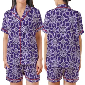 Women's Sophisticated Royal Purple White Dense Repeating Curvilinear Floral Medallion Satin Short-Sleeve Pajamas Set