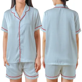 Women's Boho Light Blue White Minimalist Geometric Striped Organic Cotton Pajama Ensemble Satin Short-Sleeve Pajamas Set