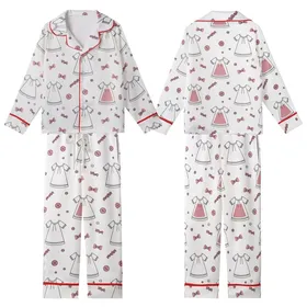 Girls' Playful Line Art Pajama Set: Minimalist Bow & Button Dusty Pink Nightwear Motif Kid Satin Pajamas Set