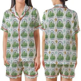 Nature Lovers' Gentle Illustrative Muted Blue-Grey Arched Window Pattern, Green Foliage, Aqua Teal & Ochre Birds Satin Short-Sleeve Pajamas Set