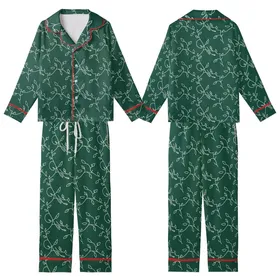 Women's Satin Button-Up Emerald Botanical Pajamas Set - Long Sleeve Sleepwear Kid Satin Pajamas Set