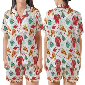 Holiday Pajamas: Whimsical Pizza, Hot Cocoa & Gingerbread Christmas Sleepover Pattern Satin Short-Sleeve Pajamas Set