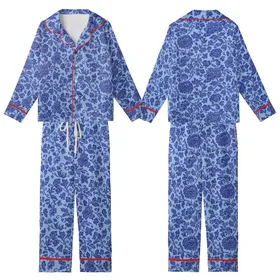 Women's Vintage Chinoiserie Indigo Cobalt Blue Peony Vine Floral Tapestry Kid Satin Pajamas Set