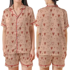 Women's Muted Peach Pink Hearts & Stars Terracotta Print Classic Collar Pajama Set Satin Short-Sleeve Pajamas Set