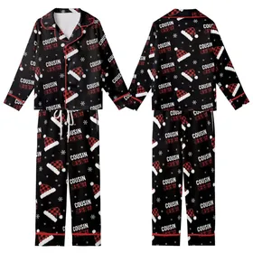 Cousin Crew Holiday Buffalo Plaid Santa Hat Snowflake Sleepwear Kid Satin Pajamas Set