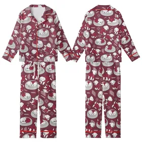 Dogs & Cats Ruby Red Satin Pajamas: Cozy Fluffy Puppy Vector Art Sleep Set Kid Satin Pajamas Set
