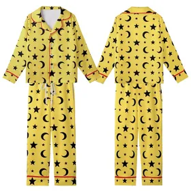 Celestial Enthusiast: Vibrant Lemon Yellow Black Star Moon Seamless Graphic Fashion Accent Kid Satin Pajamas Set