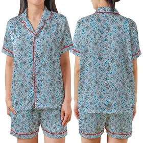 Nature Lovers' Powder Blue Delicate Floral Vine Chocolate Brown Cyan Botanical Pattern Satin Short-Sleeve Pajamas Set