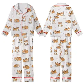 Corgi Lovers' Christmas Pajamas: Playful All-Over Cartoon Corgi Print & Pink Hearts - Polyester Spandex Sleep Set Kid Satin Pajamas Set