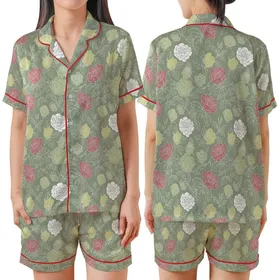 Bridesmaid & Bridal Party Personalized Sage Green Rose Print Satin Long Sleeve Pants Pajamas Set Satin Short-Sleeve Pajamas Set