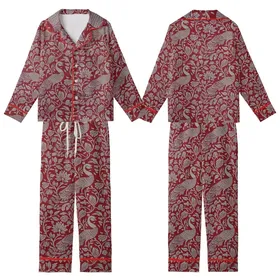 Women's Long Indian Block Print Pajama Set: Crimson Peacock & Botanical Organic Cotton Sleepwear Kid Satin Pajamas Set