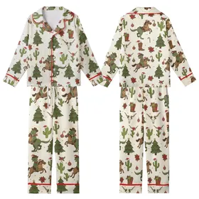 Dinosaur Lover: Playful Cowboy T-Rex Christmas - Cactus, Poinsettia & Candy Cane Pattern Kid Satin Pajamas Set