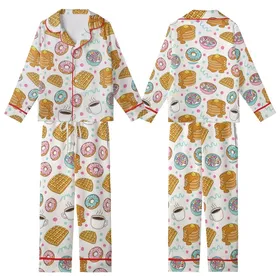 Pancakes & Pajamas Whimsical Golden Breakfast Food & Aqua Pink Confetti Pattern Sleep Set Kid Satin Pajamas Set