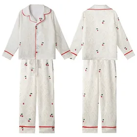 Cozy Loungers' Intricate Cream Cable Knit & Scattered Red Cherry Print Fleece Sleep Set Kid Satin Pajamas Set