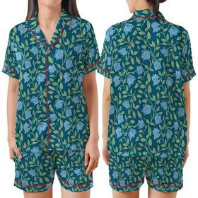 Women's Floral Cotton Sleep Set: Indian Teal Bell Flower Block Print Loungewear Satin Short-Sleeve Pajamas Set