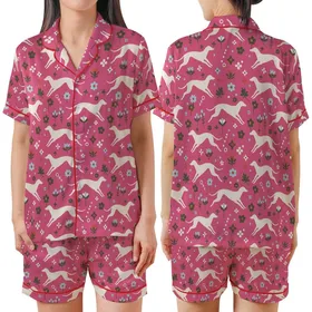 Greyhound Lovers' Fuchsia Pink Abstract Greyhound Folk Art Floral Geometric Repeat Satin Short-Sleeve Pajamas Set