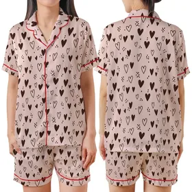 Women's Pajama Set: Playful Pastel Pink Hearts & Dark Brown Dots Sewing Project Satin Short-Sleeve Pajamas Set