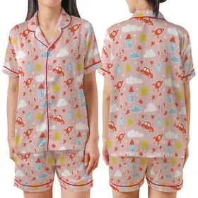 Flower Girl Pink Satin Pajama Set: Whimsical Rocket Sun Chalk Art Design Satin Short-Sleeve Pajamas Set